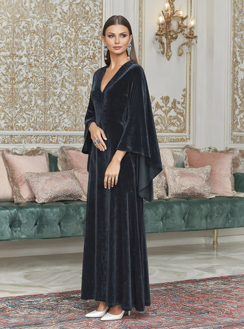 Casual Mid-Length Dress With Pleated Sleeves And V-Neck Design For Autumn Season Body-Fitting Muslim Fashion Dress