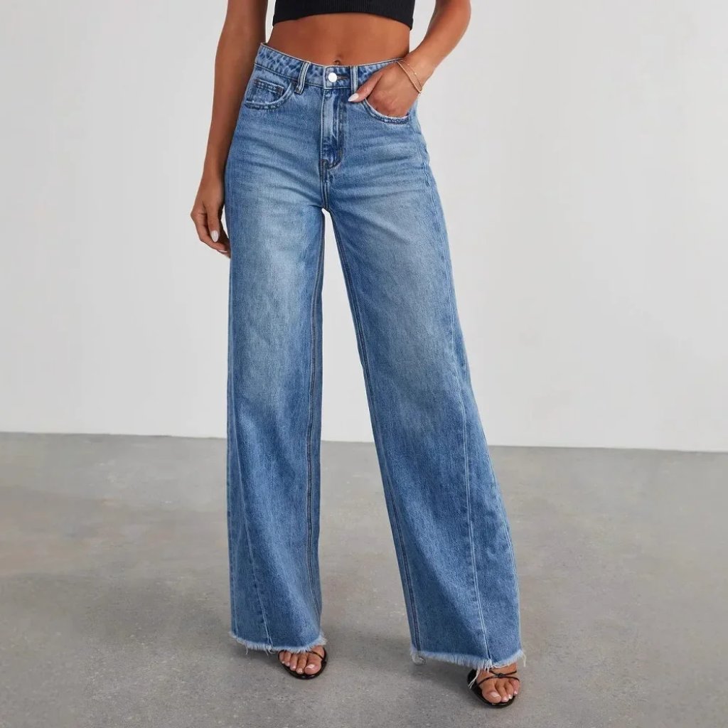 Women's Loose Wide Leg Jeans Side Stitched Hem Detail Fashion Casual Natural Waist Full Length Pants