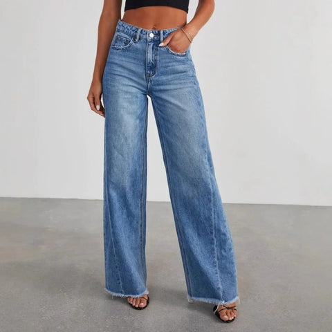 Women's Loose Wide Leg Jeans Side Stitched Hem Detail Fashion Casual Natural Waist Full Length Pants
