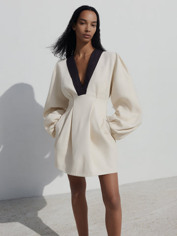 Women's Autumn Dresses Cute High Street Contrast Color Long Sleeve V-Neck Mini Shift Dresses