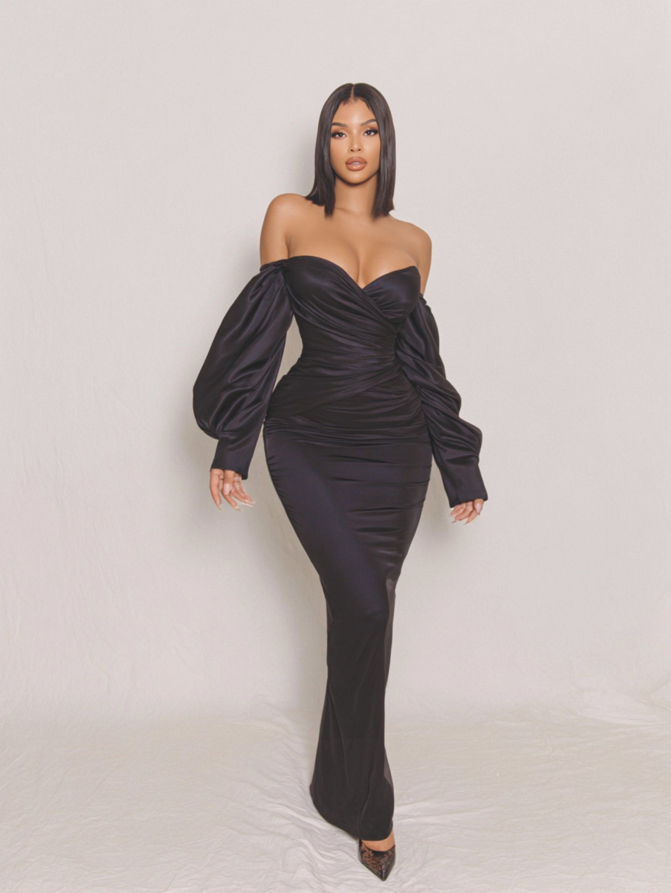 Women's 2025 Summer Fashion Dresses Long Sleeve Off Shoulder Plain Daily Skinny Fit Dresses