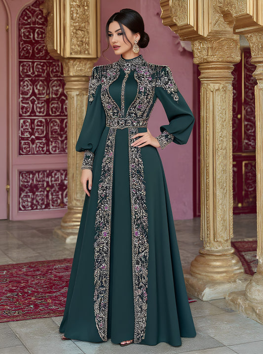 Casual Round Neck Lantern Sleeve Long Dress A-Line Skirt Style Comfortable Fit Muslim Women Fashion Autumn Dress