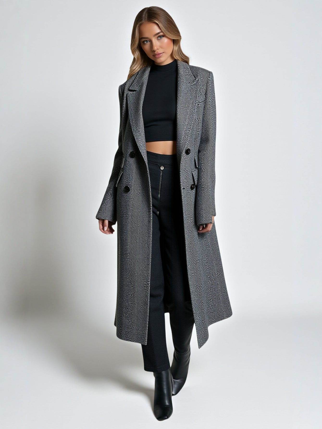 Women's Autumn Trench Coat K-Fashion Decent Solid Color Double Breasted Long Sleeve Lapel Long Trench Coat