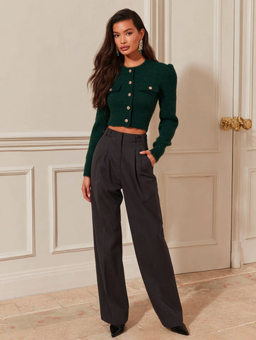 Casual Long Sleeve Cardigan Round Neck Bubble Sleeve Tight Fit Autumn Top Women's Fashion Open Front Knitwear Regular Length