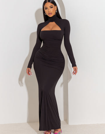 2025 Autumn Women's Dresses Sexy Plain Long Sleeve High Neck Ruched Cut-Out Elegant Sheath Maxi Evening Dress