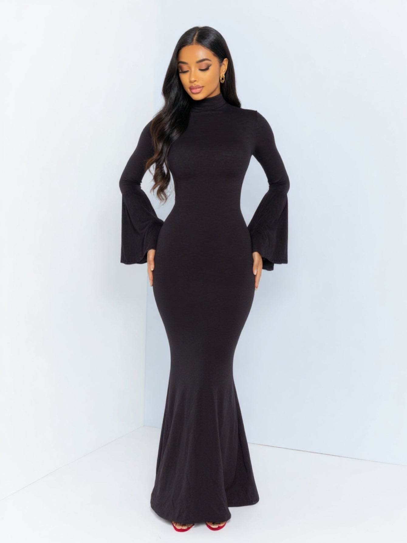 2025 Autumn Women's Dresses Elegant Plain Flare Sleeve Crew Neck Skinny Fit Simple Maxi Mermaid Evening Dress