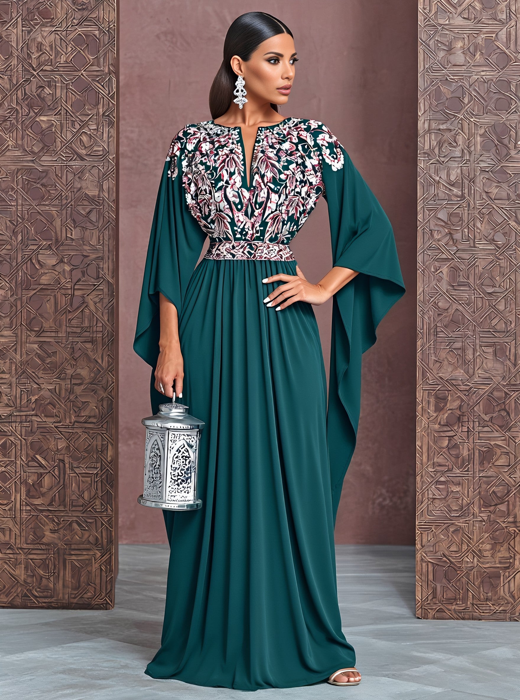 Autumn Kaftan V-neck Long Gown Casual Style A-line Skirt Batwing Sleeves Full-length Muslim Fashion Arabic Robe