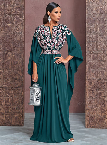 Autumn Kaftan V-neck Long Gown Casual Style A-line Skirt Batwing Sleeves Full-length Muslim Fashion Arabic Robe