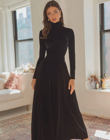 2025 Autumn Elegant Women'S Dresses Solid Color Long Sleeve High Neck Nipped Waists A-Line Maxi Evening Dresses