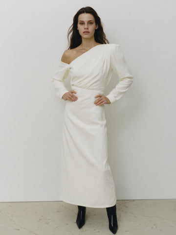 Autumn Dresses 2025 Women's Sexy Plain Long Sleeve One-Shoulder A-Line Midi Dating Dresses