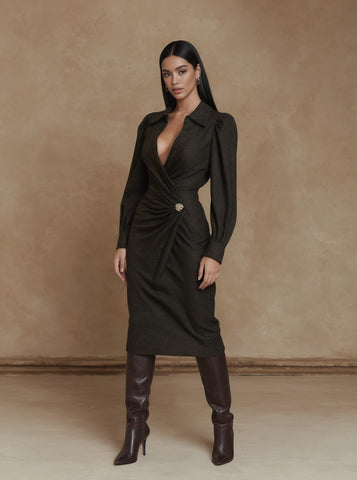 Casual Fitted Wrap Dress With Stand Collar Mid-Sleeve Midi Length A-Line Silhouette For Women Autumn Fashion Dress