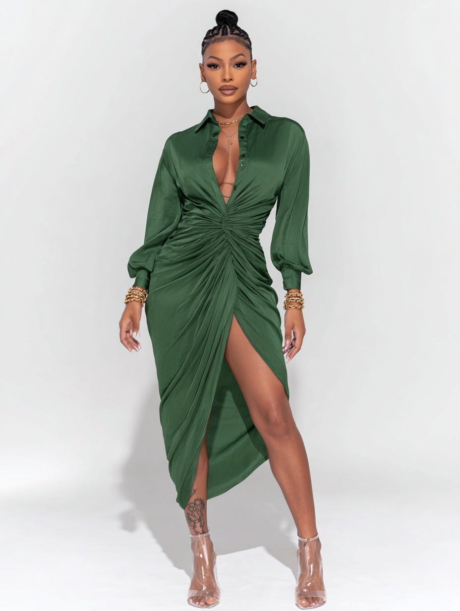 Women's Dresses Autumn Winter Elegant Edgy 2025 Chic Plain Long Sleeve Shirt Collar Wrap Midi Casual Dresses