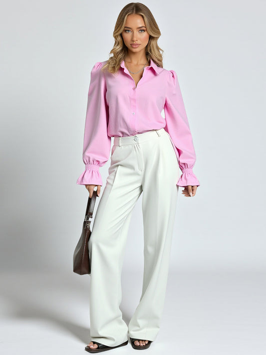 Autumn Women's Shirts Fashion Basics Solid Color Single Breasted Lantern Sleeve Shirt Collar Office Lady Shirts