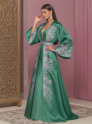Autumn Abaya Casual Style Floor-Length A-Line Skirt V-Neck Bell Sleeve Body-Fitting Muslim Women's Fashion Arabic Robe