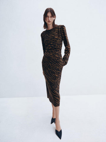 Women's Dresses Autumn Winter Casual Leopard Print Long Sleeve Crew Neck Fitting Slim Dresses