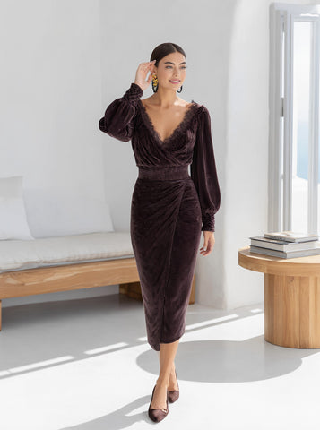 Casual Fit Midi Dress With Lantern Sleeves And V-Neck For Autumn Season Comfortable Wrap Style Women's Fashion Dress