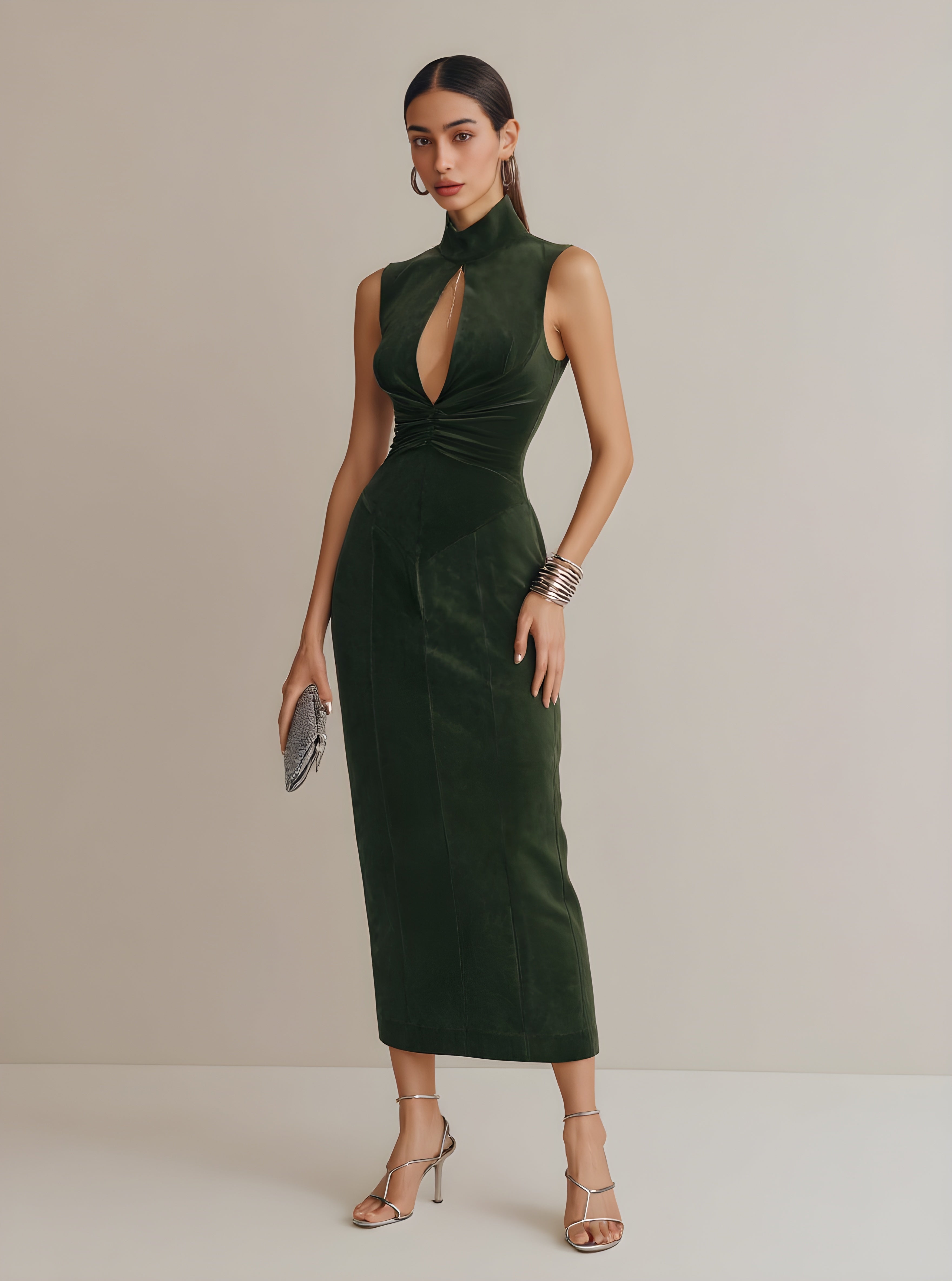 Autumn Dresses 2025 Women's Elegant Plain Sleeveless Mandarin Collar Cut-Out Folds Party Midi Dresses