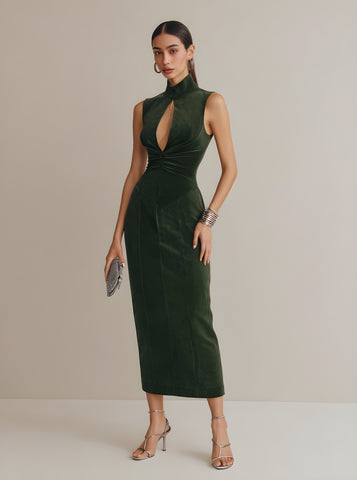 Autumn Dresses 2025 Women's Elegant Plain Sleeveless Mandarin Collar Cut-Out Folds Party Midi Dresses