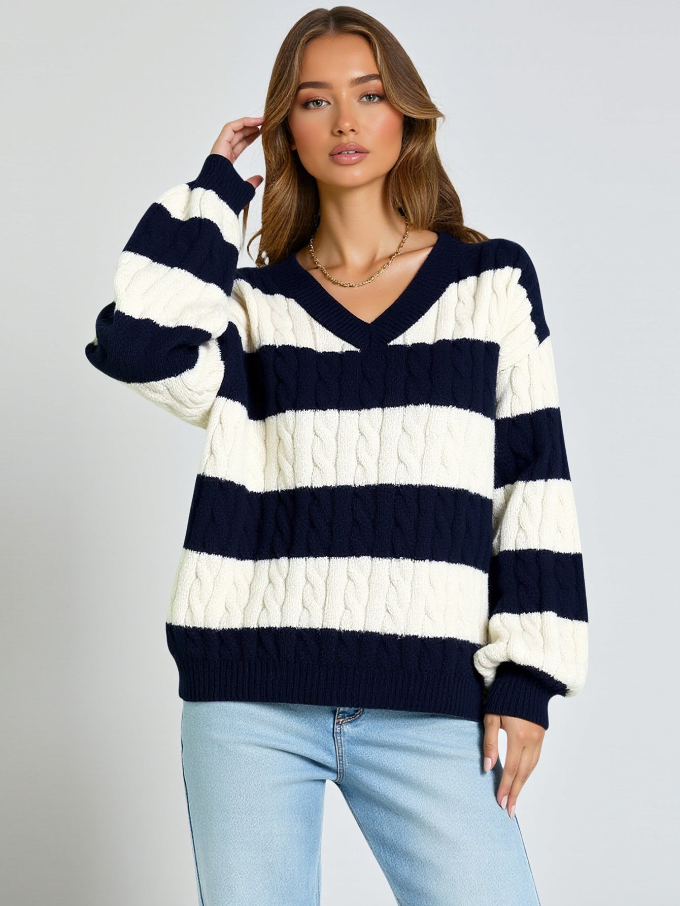 European And American Autumn Winter Long Sleeve V-Neck Twist Knitted Sweater Loose Fit Contrast Striped Women's Top