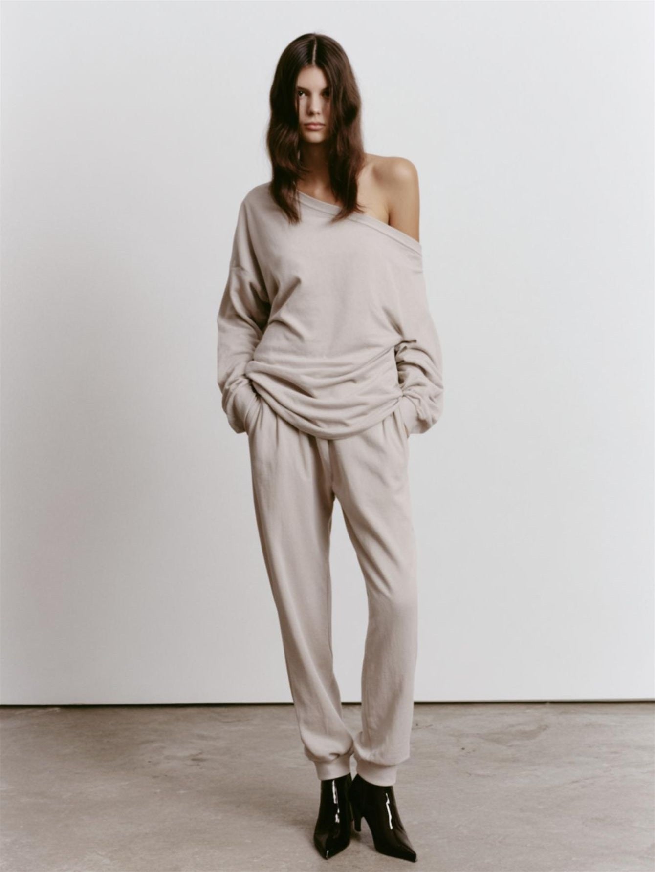 Women's Sets Autumn Winter Casual Fashion One-Shoulder Solid Color Long Sleeve Full Length Pants Sets