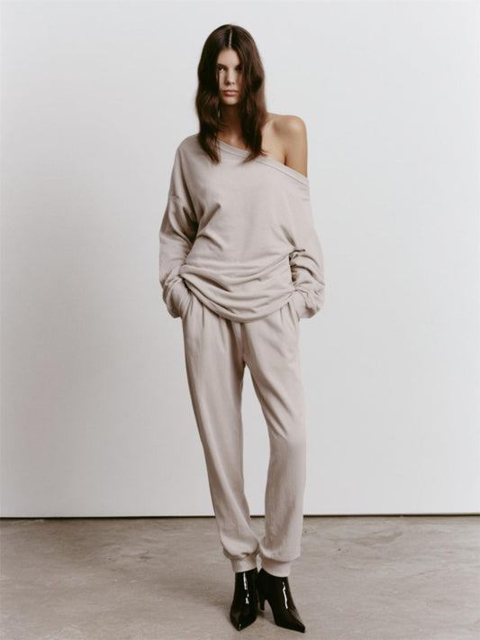 Women's Sets Autumn Winter Casual Fashion One-Shoulder Solid Color Long Sleeve Full Length Pants Sets