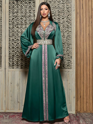 Autumn Jalabiyas Casual Long Dress V-neck Straight Sleeve Long Robe Muslim Fashion Arabic Gown Comfortable Fit A-line Skirt