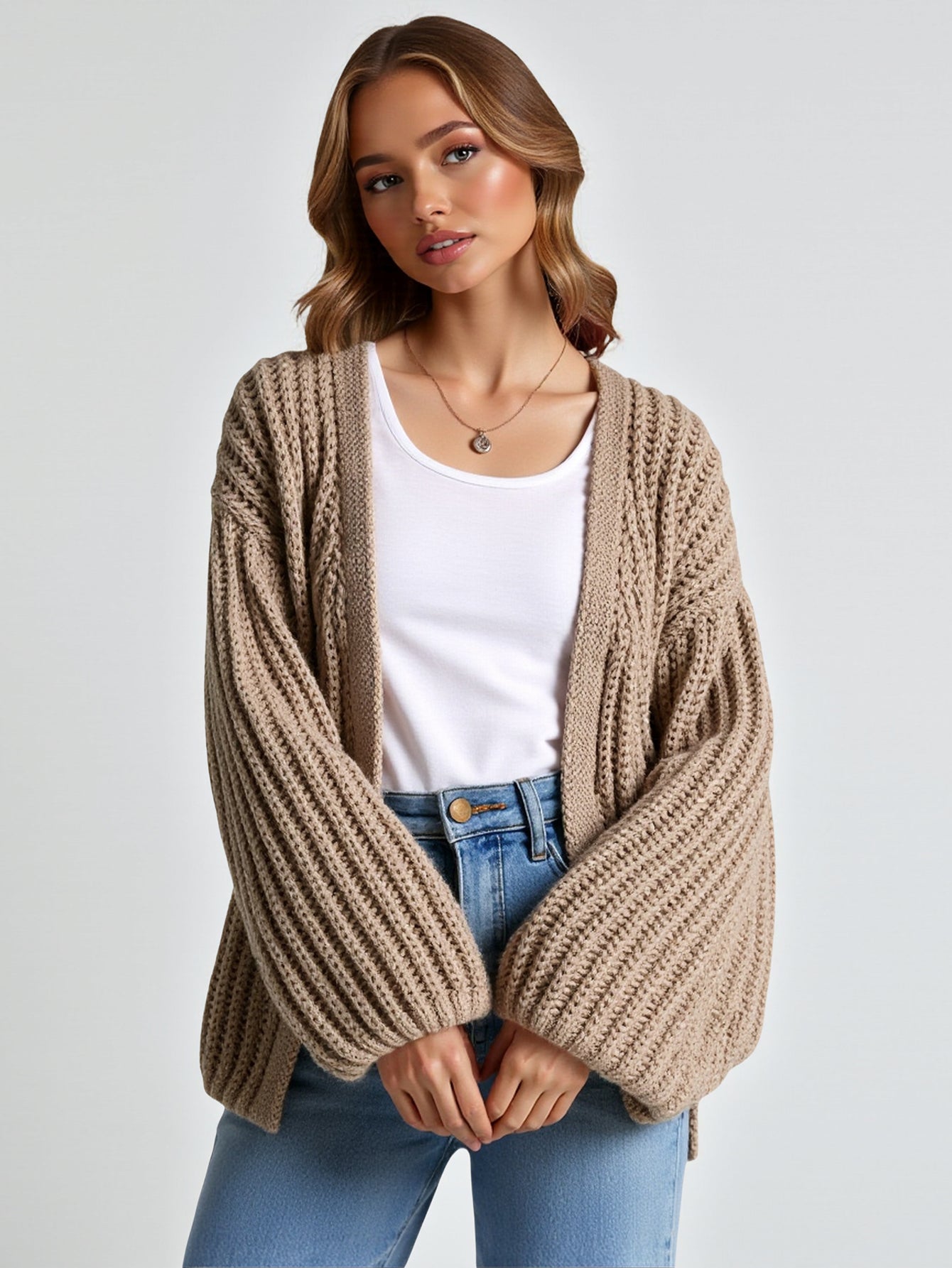 Korea Chic Autumn Loose Casual Solid Color Lantern Sleeve Knitted Cardigan Sweater Coat Versatile Lazy Style