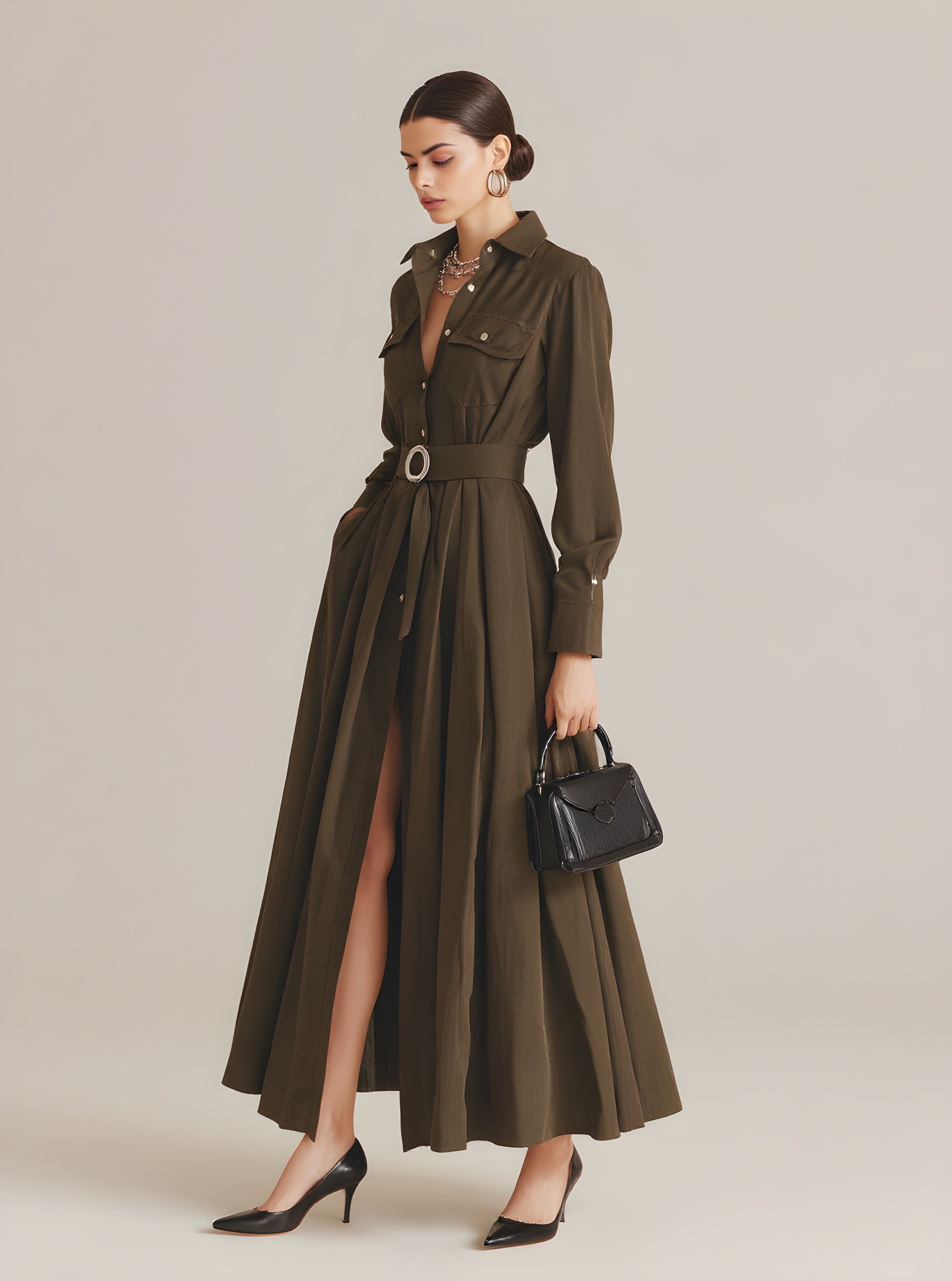 Autumn Dresses 2025 Women's Decent Plain Long Sleeve Shirt Collar High-Slit Party Midi A-Line Dresses