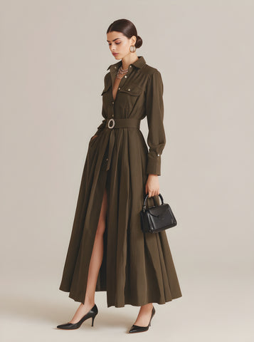 Autumn Dresses 2025 Women's Decent Plain Long Sleeve Shirt Collar High-Slit Party Midi A-Line Dresses