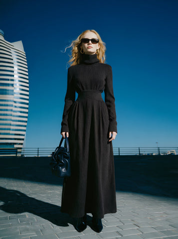 High Collar Casual Long Dress Autumn Fashion Straight Sleeve Skirt Style Women's Dress Comfortable Casual Gown