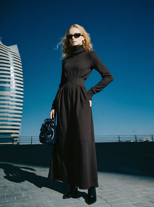 High Collar Casual Long Dress Autumn Fashion Straight Sleeve Skirt Style Women's Dress Comfortable Casual Gown