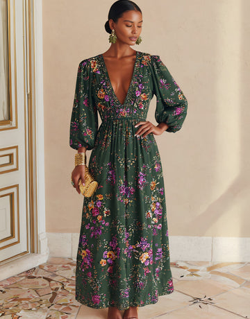 Casual V-neck Lantern Sleeve Midi Dress Bodyfit A-line Skirt Style Autumn Fashion Women's Clothing