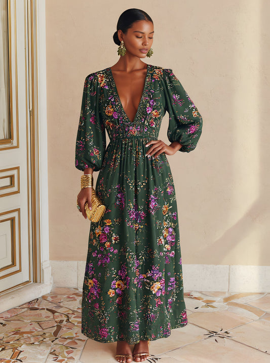 Casual V-neck Lantern Sleeve Midi Dress Bodyfit A-line Skirt Style Autumn Fashion Women's Clothing