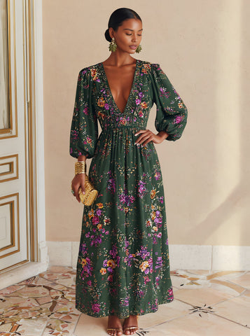 Casual V-neck Lantern Sleeve Midi Dress Bodyfit A-line Skirt Style Autumn Fashion Women's Clothing