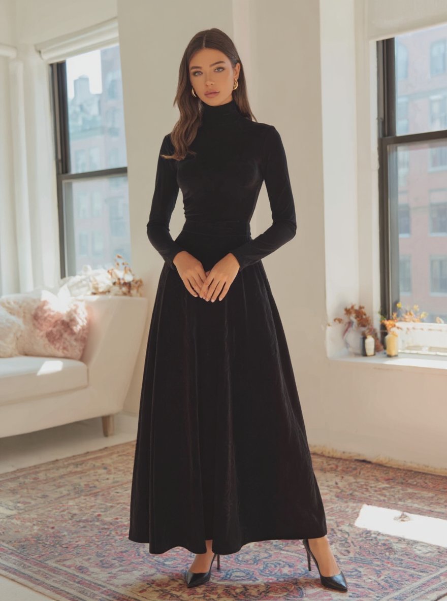 2025 Autumn Elegant Women'S Dresses Solid Color Long Sleeve High Neck Nipped Waists A-Line Maxi Evening Dresses