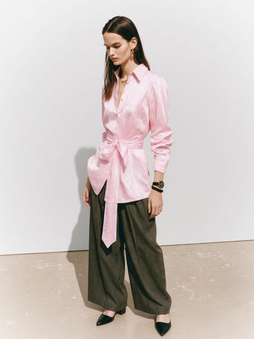 Women's Autumn Winter 2025 Shirts Daily Fashion Plain Long Sleeve Lapel Knot Regular Fit Casual Shirts