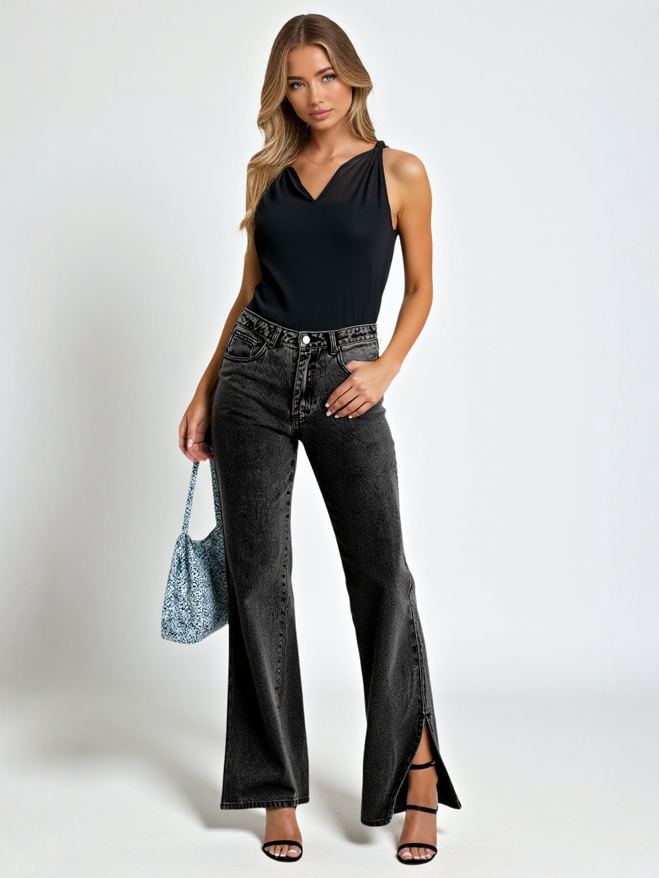 Autumn Denim Pants Mid-Waist Elegant Casual Style Selected Split Design Washed Trendy Female Jeans