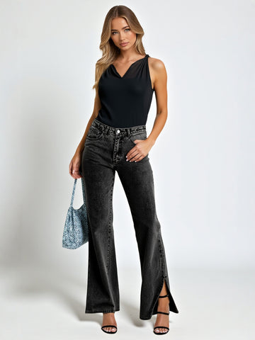 Autumn Denim Pants Mid-Waist Elegant Casual Style Selected Split Design Washed Trendy Female Jeans