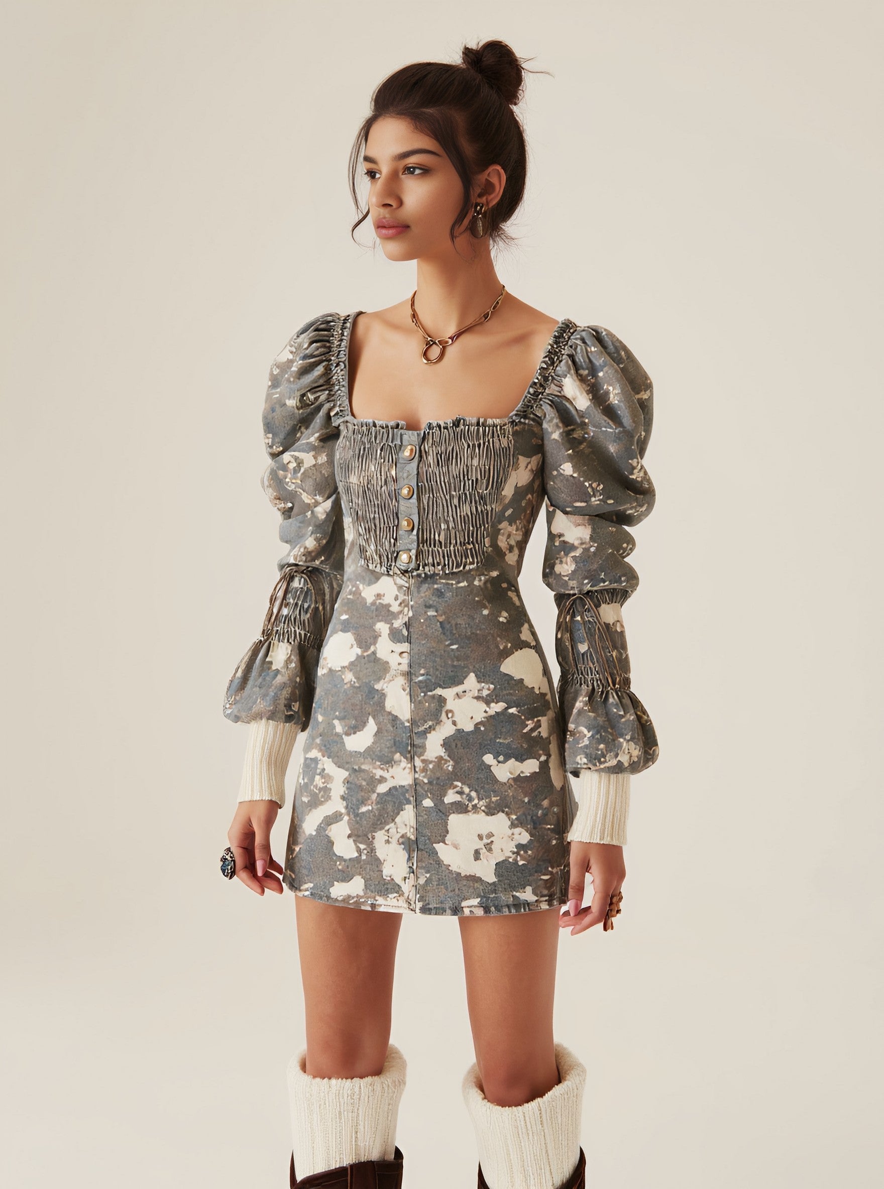 Spring Autumn Casual Dress Midi Skirt Square Neck Puff Sleeve Fit Body Style Women's Fashion Clothing