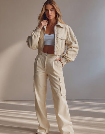 Women's Sets Autumn Winter Safari Style Plain Zipper Open Front Long Sleeve Lapel Full Length Cargo Pants Sets