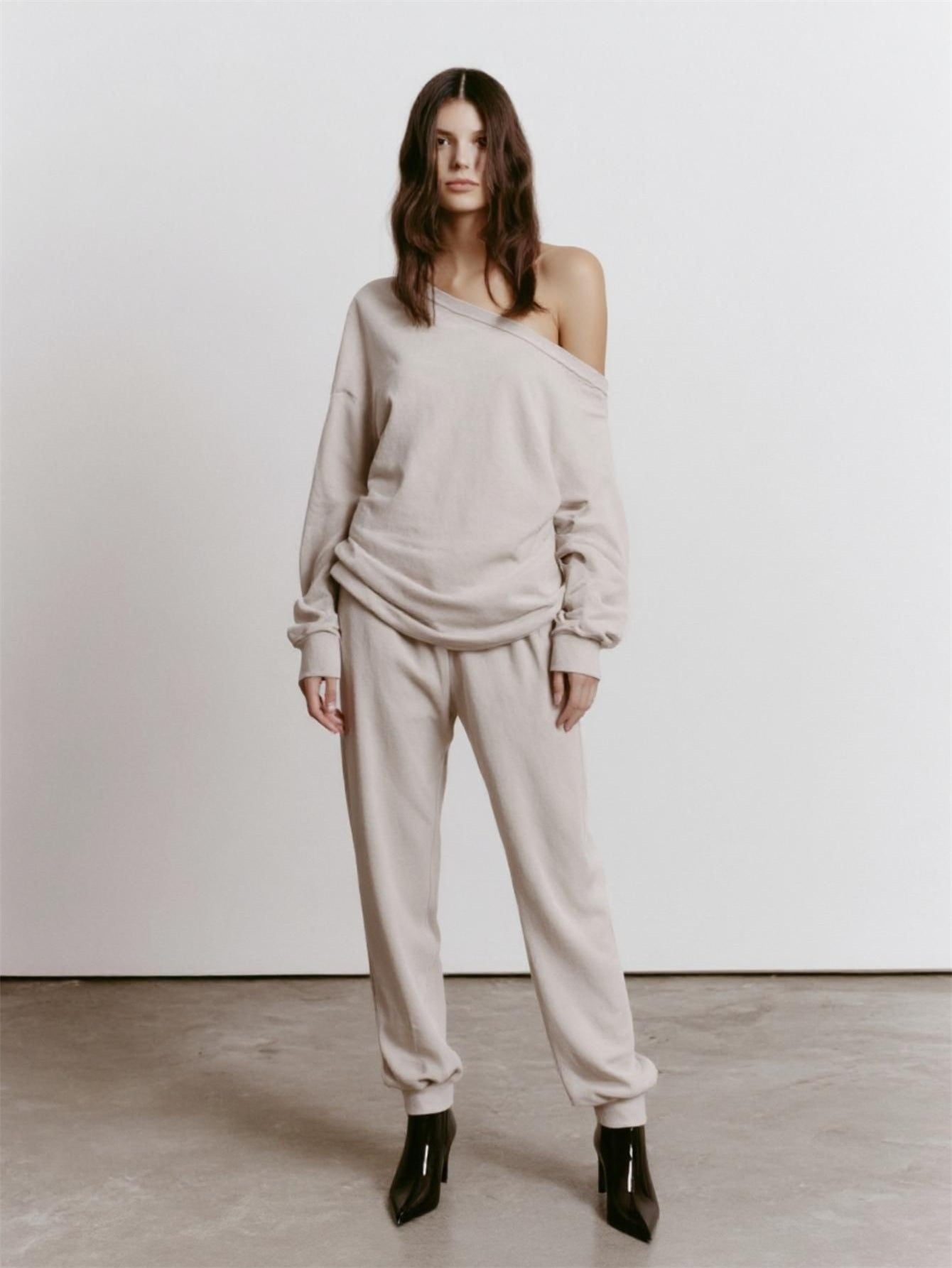 Women's Sets Autumn Winter Casual Fashion One-Shoulder Solid Color Long Sleeve Full Length Pants Sets