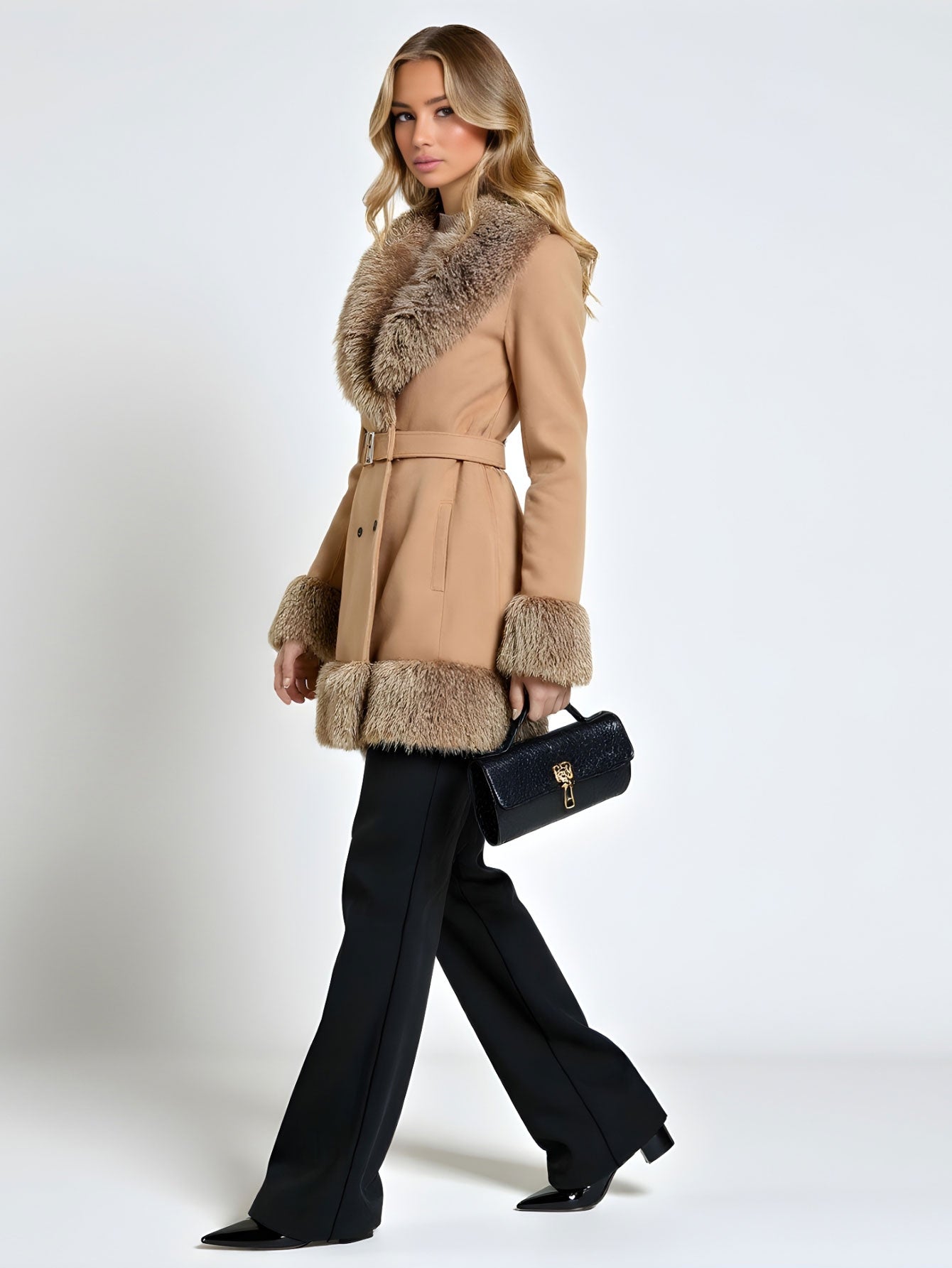 Women's Warm Wool Collar Belt Coat Mid-Length Solid Color Comfortable Eye-Absorbing Stitching Fur One European American Style