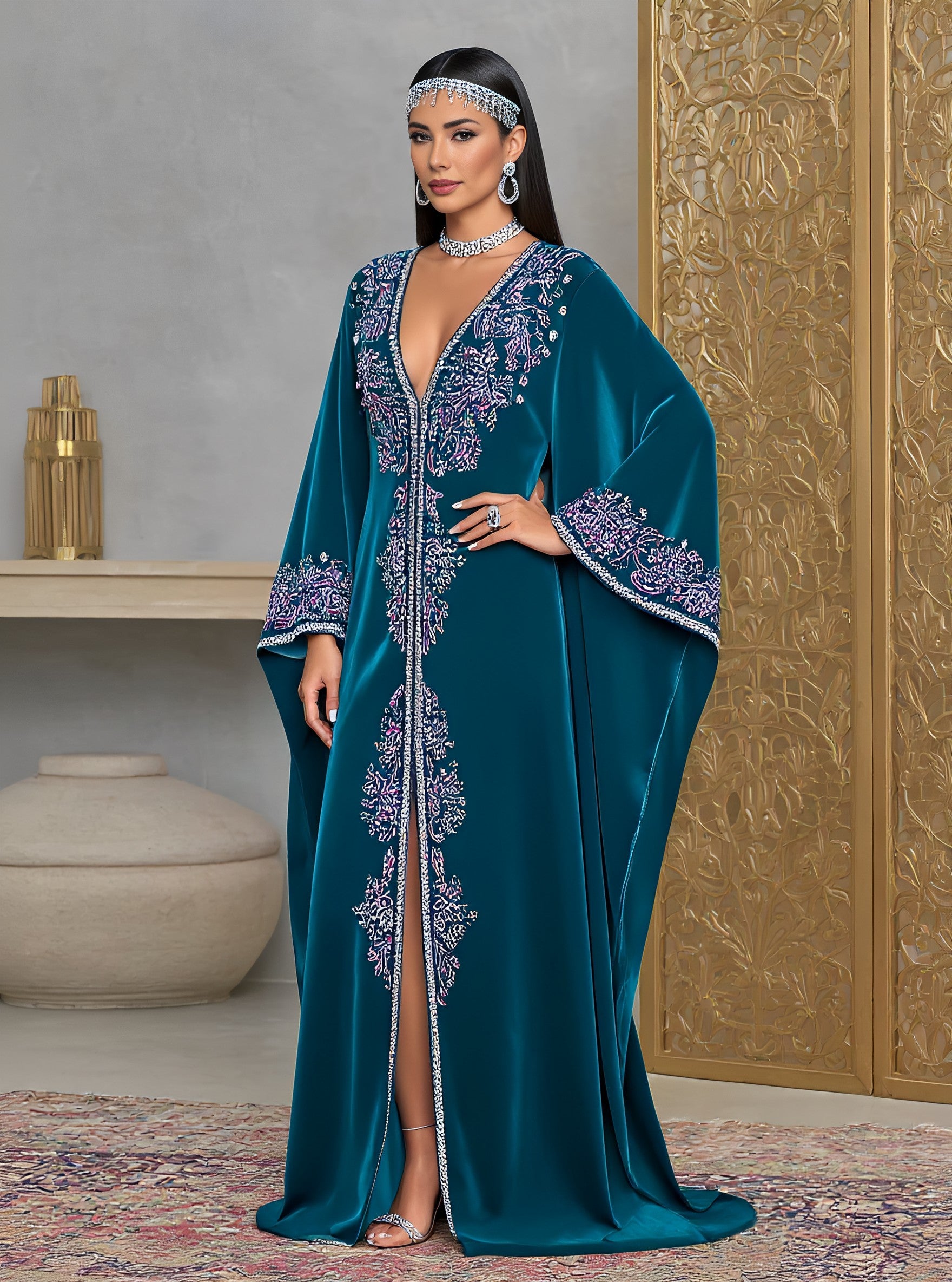 Loose Kaftan Autumn Gown With V-Neck Long Floor-Length Bats-Wing Sleeves Casual Style For Women Muslim Fashion Arabic Robe