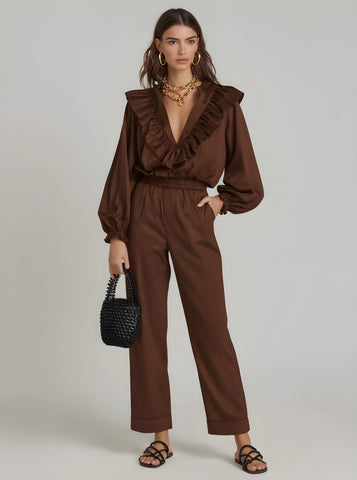 Women's Autumn Sets Wild High Street Solid Color Long Sleeve Plunge Neck Flounce Natural Waist Straight Ankle Sets