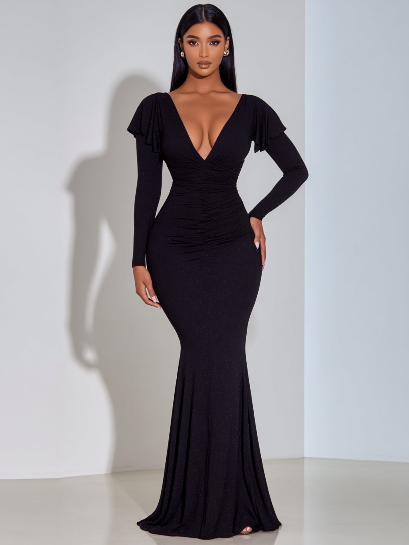 2025 Autumn Women's Dresses Sexy Solid Color Long Sleeve Plunge Neck Elegant Mermaid Maxi Evening Dresses