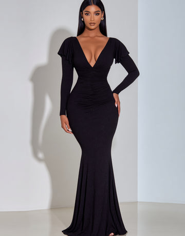 2025 Autumn Women's Dresses Sexy Solid Color Long Sleeve Plunge Neck Elegant Mermaid Maxi Evening Dresses