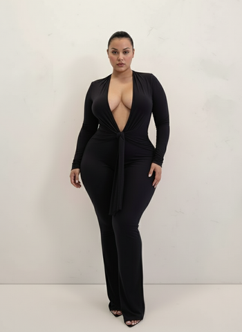 Plus Size Women's Autumn Jumpsuits 2025 Classic Chic Plain Long Sleeve V-Neck Lace-Up Fitting Slim Casual Jumpsuits